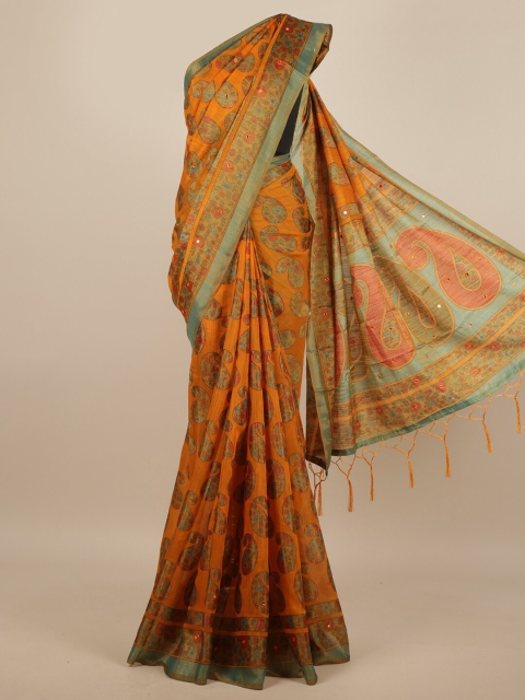 

Pothys Mustard Yellow & Green Paisley Mirror Work Saree