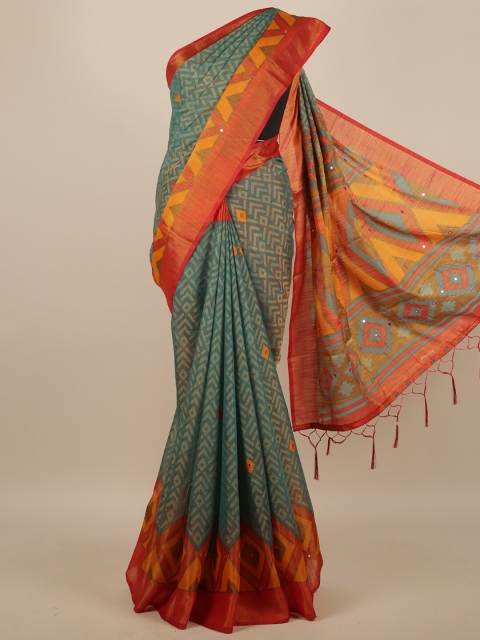 

Pothys Green & Red Geometric Printed Mirror Work Saree