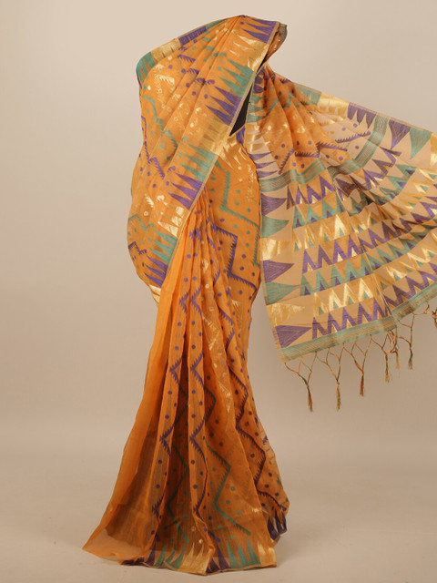 

Pothys Mustard Orange & Green Geometric Woven Design Jute Silk Saree