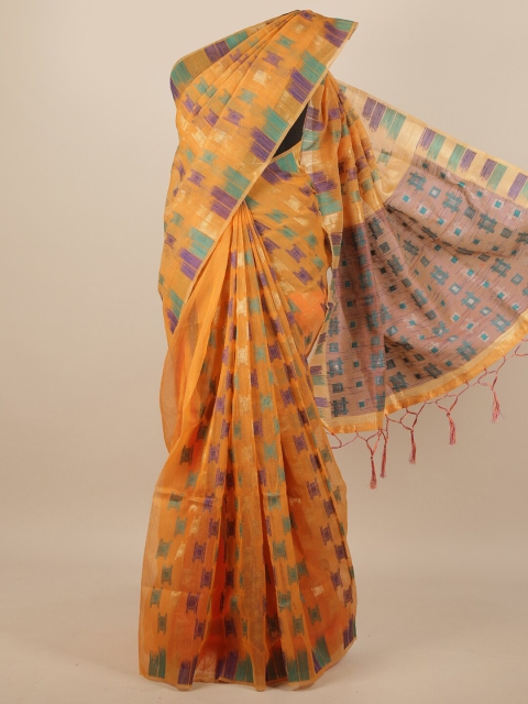 

Pothys Mustard Orange & Purple Geometric Woven Design Jute Silk Saree