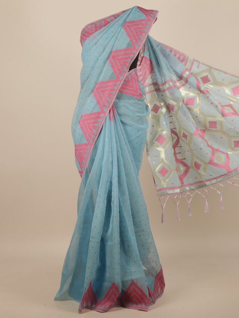 

Pothys Blue & Pink Geometric Woven Design Jute Silk Saree