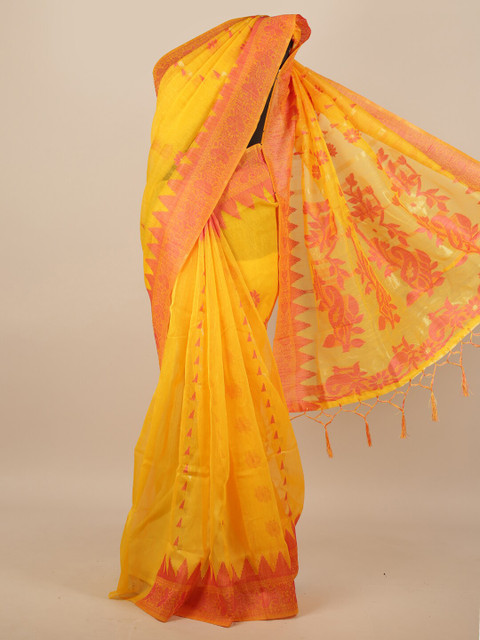 

Pothys Yellow & Red Jute Ethnic Motifs Woven Design Jute Silk Saree