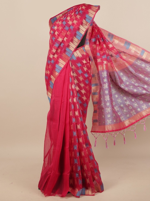 

Pothys Magenta & Blue Geometric Woven Design Jute Silk Saree