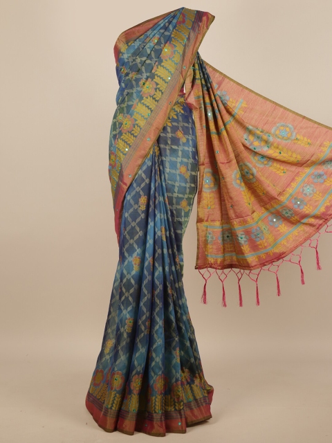 

Pothys Blue & Pink Geometric Printed Mirror Work Saree