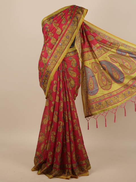 

Pothys Pink & Green Paisley Mirror Work Saree