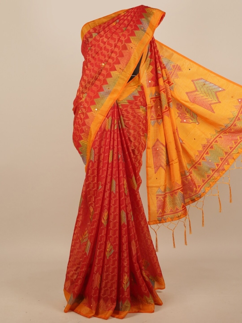 

Pothys Red & Orange Geometric Printed Mirror Work Saree