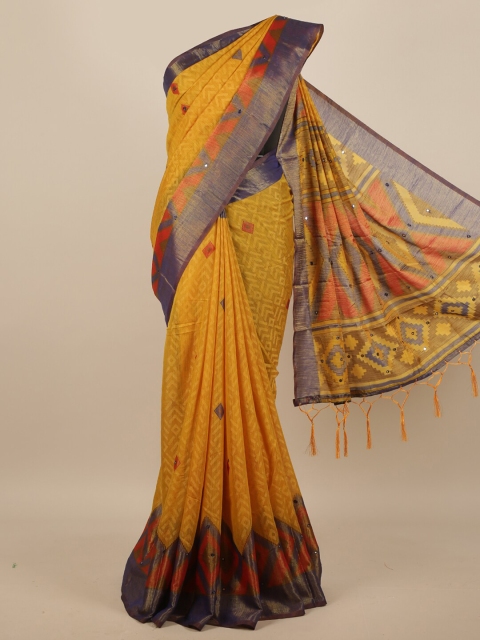 

Pothys Mustard Yellow & Blue Geometric Printed Mirror Work Saree