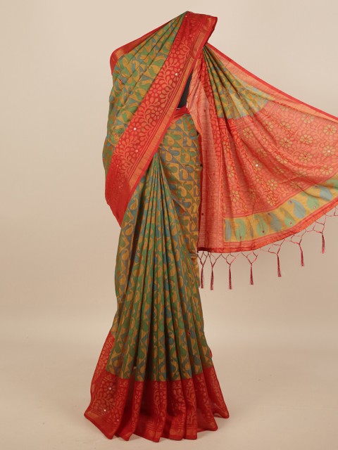

Pothys Green & Red Paisley Mirror Work Saree