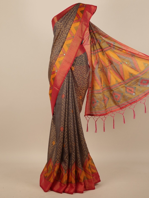 

Pothys Grey & Red Geometric Printed Mirror Work Saree