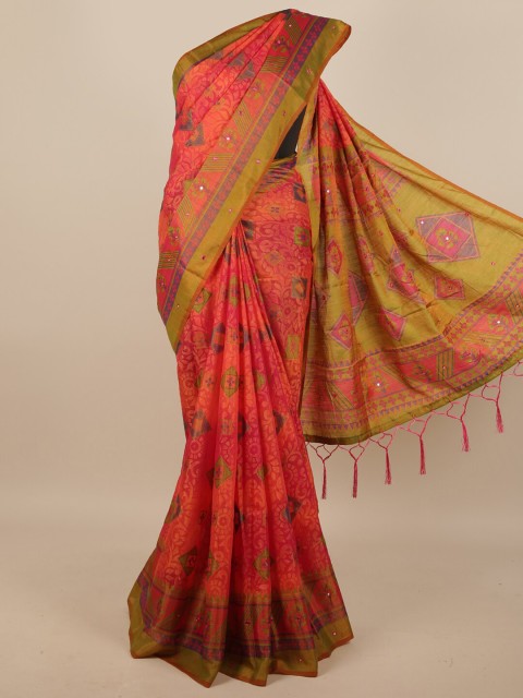 

Pothys Pink & Green Ethnic Motifs Mirror Work Saree
