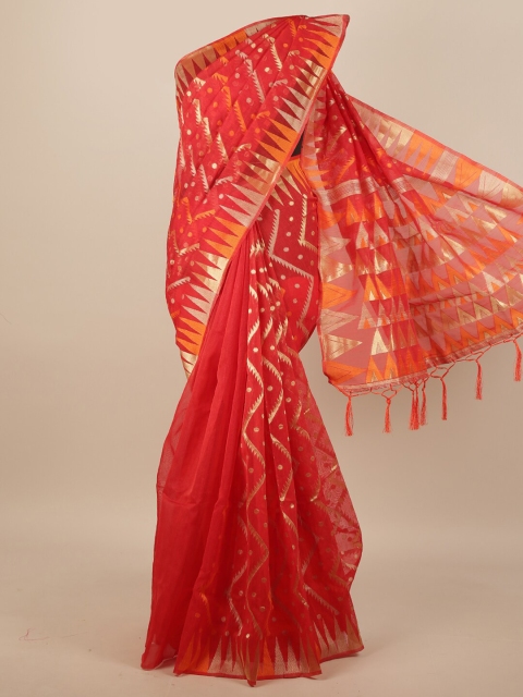 

Pothys Red & Orange Geometric Woven Design Jute Silk Saree
