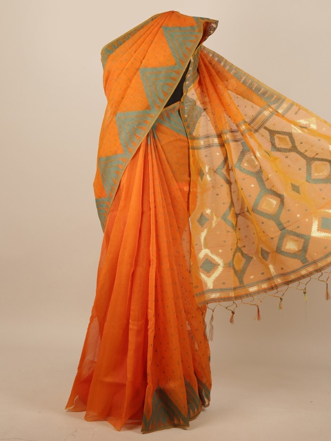 

Pothys Orange & Green Geometric Woven Design Jute Silk Saree