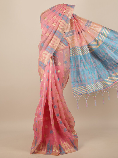 

Pothys Pink & Turquoise Blue Ethnic Motifs Jute Silk Saree
