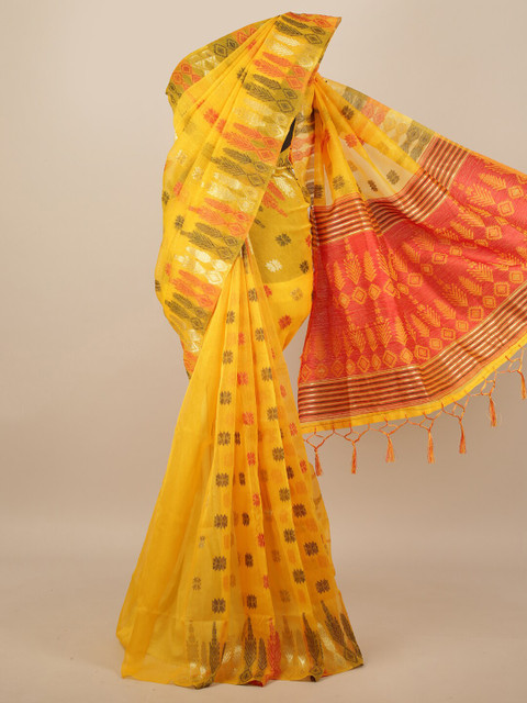 

Pothys Yellow & Red Geometric Woven Design Jute Silk Saree
