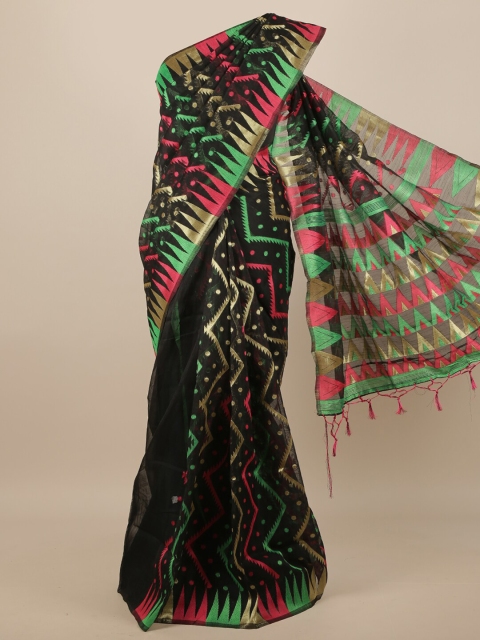 

Pothys Black & Green Geometric Woven Design Jute Silk Saree