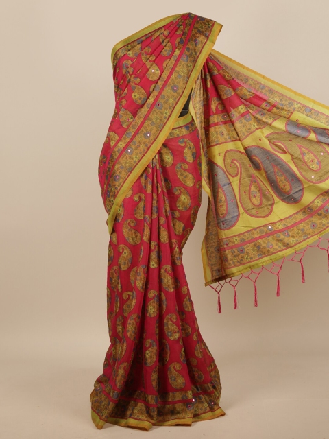 

Pothys Magenta & Green Paisley Mirror Work Saree