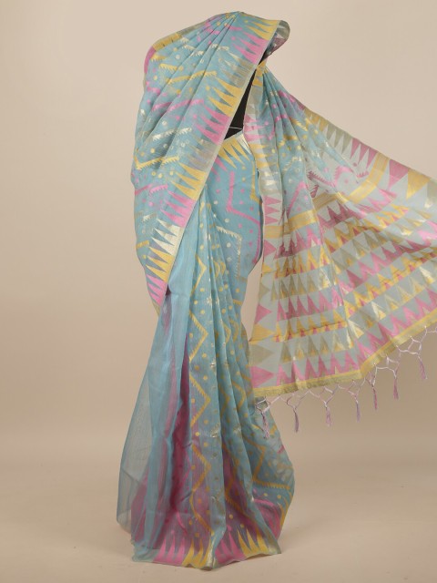

Pothys Blue & Pink Geometric Woven Design Jute Silk Saree