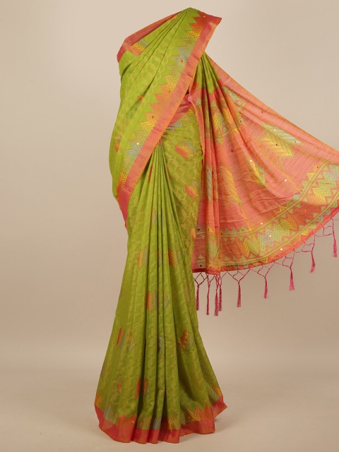 

Pothys Green & Red Geometric Printed Mirror Work Saree