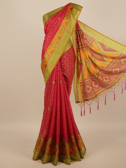 

Pothys Magenta & Green Geometric Printed Mirror Work Saree