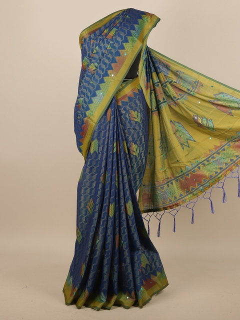 

Pothys Blue & Green Geometric Printed Mirror Work Saree