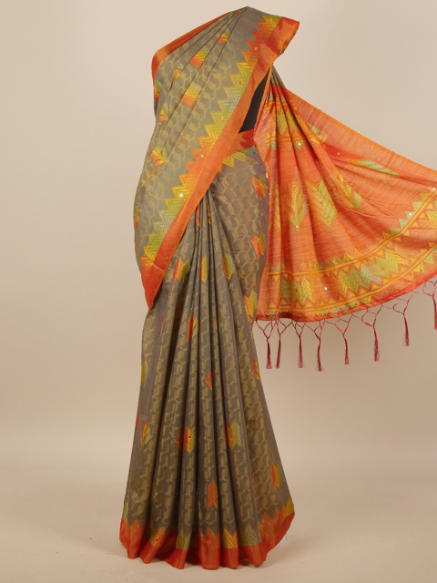 

Pothys Grey & Orange Geometric Printed Mirror Work Saree