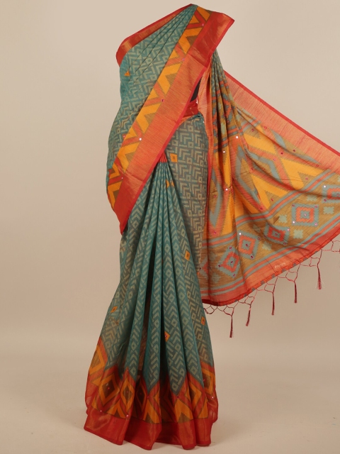 

Pothys Green & Red Geometric Printed Mirror Work Saree