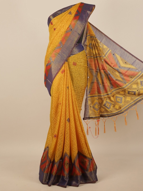 

Pothys Mustard Yellow & Blue Geometric Printed Mirror Work Saree