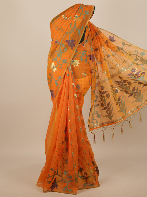 

Pothys Orange & Purple Floral Jute Silk Saree
