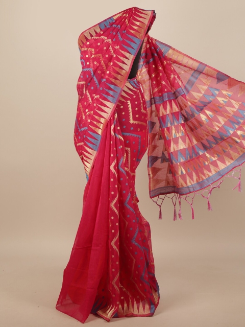 

Pothys Magenta & Blue Geometric Woven Design Jute Silk Saree