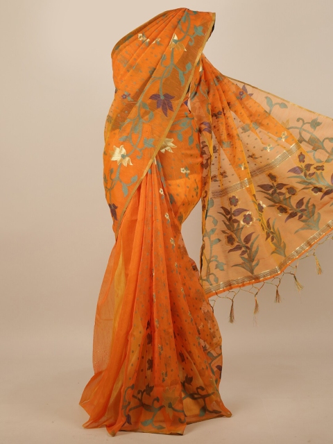 

Pothys Orange & Green Floral Jute Silk Saree