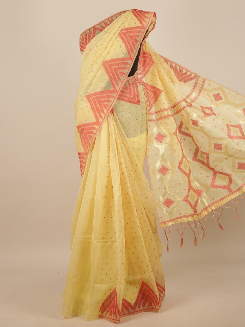 

Pothys Yellow & Red Geometric Woven Design Jute Silk Saree
