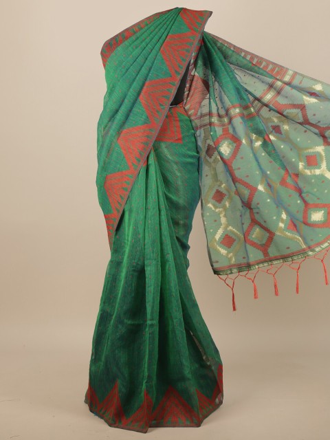 

Pothys Green & Red Geometric Woven Design Jute Silk Saree