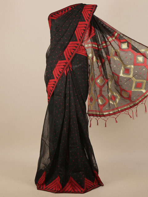

Pothys Black & Red Geometric Woven Design Jute Silk Saree