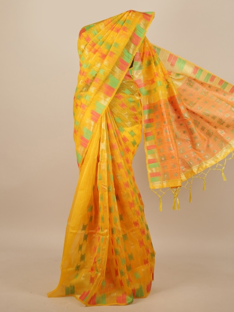 

Pothys Yellow & Green Geometric Woven Design Jute Silk Saree