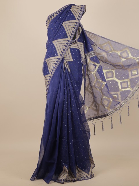 

Pothys Blue & Beige Geometric Woven Design Jute Silk Saree