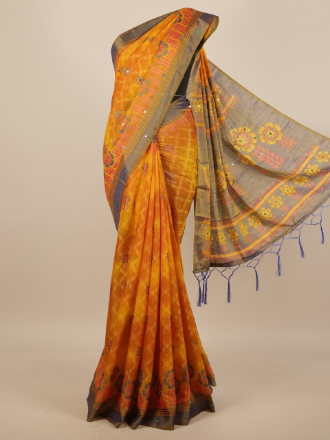 

Pothys Mustard Yellow & Grey Geometric Printed Mirror Work Saree