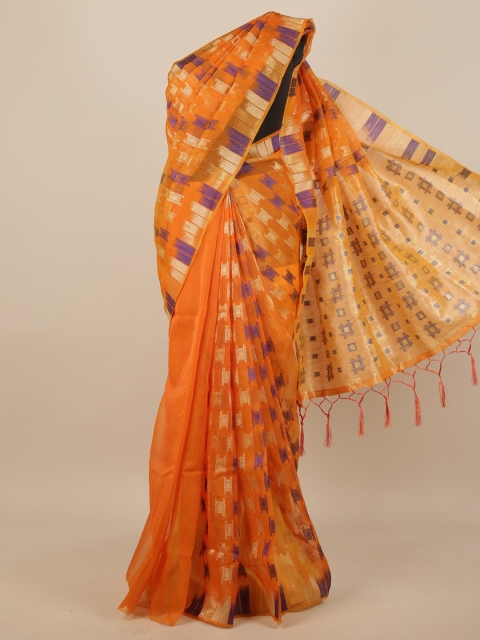 

Pothys Orange & Purple Geometric Woven Design Jute Silk Saree