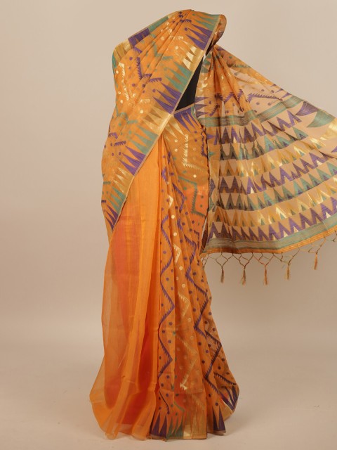 

Pothys Orange & Green Geometric Woven Design Jute Silk Saree