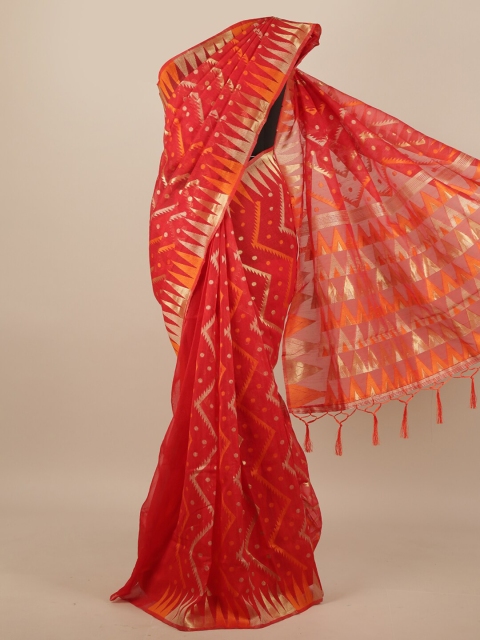 

Pothys Red & Orange Geometric Woven Design Jute Silk Saree