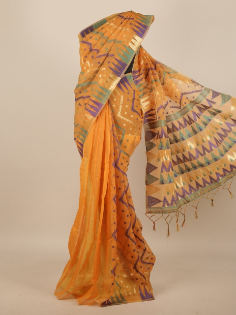 

Pothys Orange & Green Geometric Woven Design Jute Silk Saree