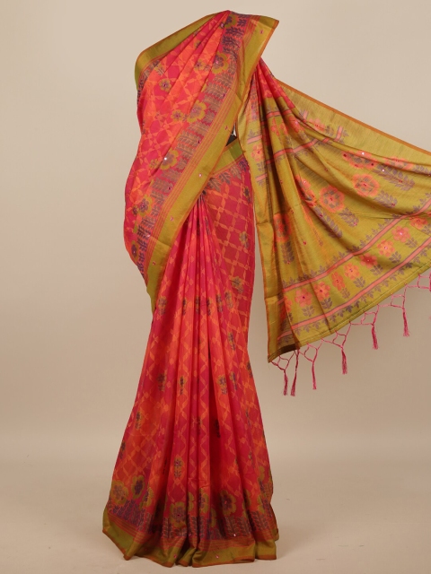 

Pothys Magenta & Green Geometric Printed Mirror Work Saree