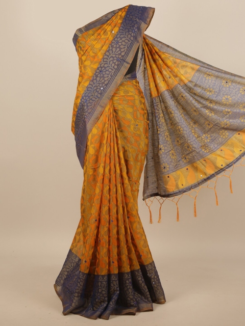 

Pothys Mustard Yellow & Blue Paisley Mirror Work Saree
