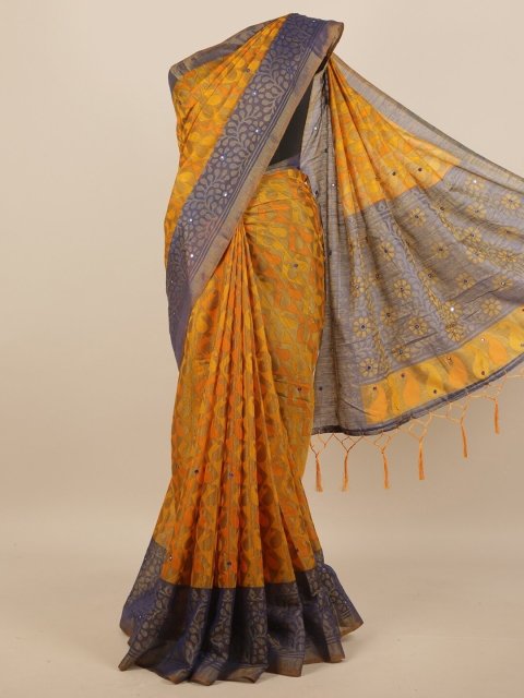 

Pothys Mustard Yellow & Blue Paisley Mirror Work Saree