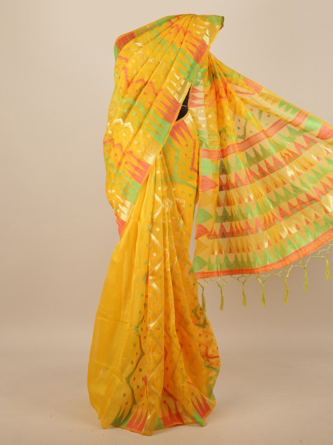 

Pothys Yellow & Pink Geometric Woven Design Jute Silk Saree