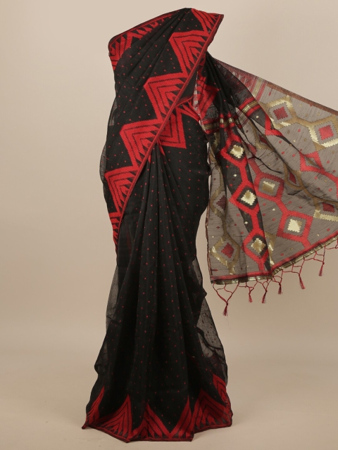 

Pothys Black & Red Geometric Woven Design Jute Silk Saree