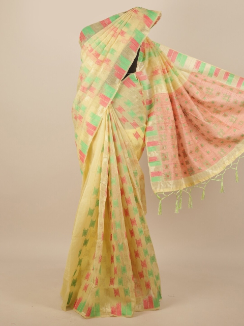 

Pothys Yellow & Pink Geometric Woven Design Jute Silk Saree