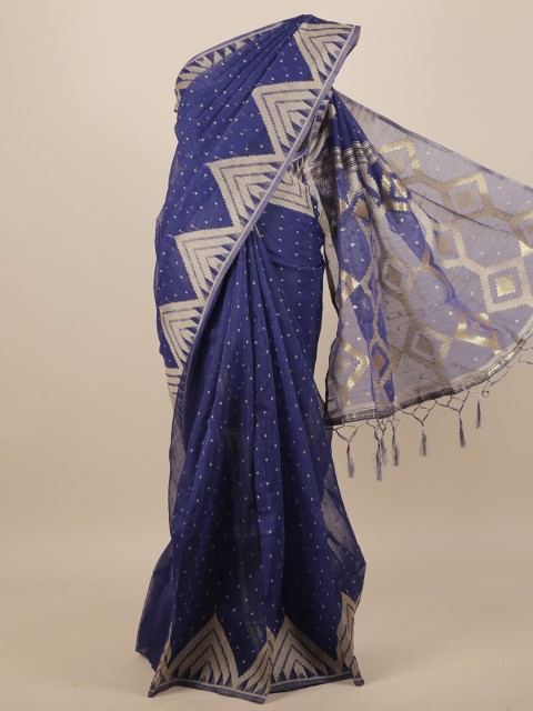 

Pothys Blue & Beige Geometric Woven Design Jute Silk Saree