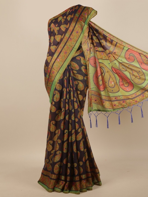 

Pothys Navy Blue & Green Paisley Mirror Work Saree