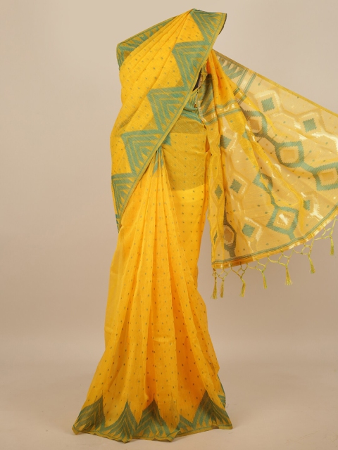 

Pothys Yellow & Green Geometric Woven Design Jute Silk Saree