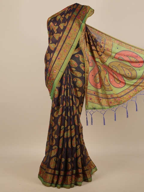 

Pothys Navy Blue & Green Paisley Mirror Work Saree